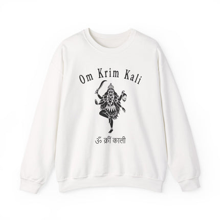 Goddess Kali Om Krim Kali mantra graphic on white spiritual sweatshirt.
