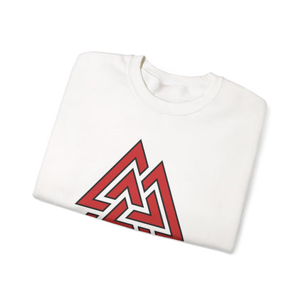 Red Valknut Norse symbol on a comfortable unisex pullover sweatshirt for Viking style.
