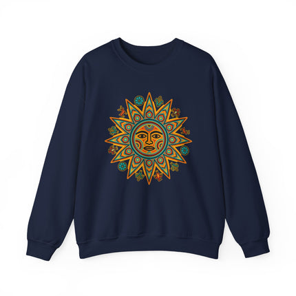Vibrant Mesoamerican sun symbol graphic on a navy pullover sweatshirt.
