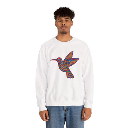 Vibrant geometric hummingbird graphic inspired by Huichol indigenous art on a white sweatshirt.