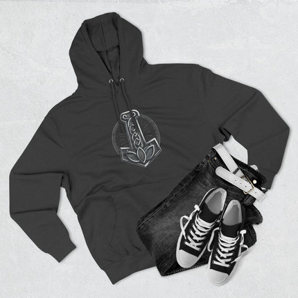 Norse Mjolnir hammer graphic hoodie featuring Viking knotwork and Thor symbol.
