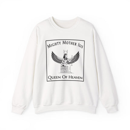 Isis Mighty Mother Queen of Heaven Egyptian goddess graphic on a white sweatshirt.