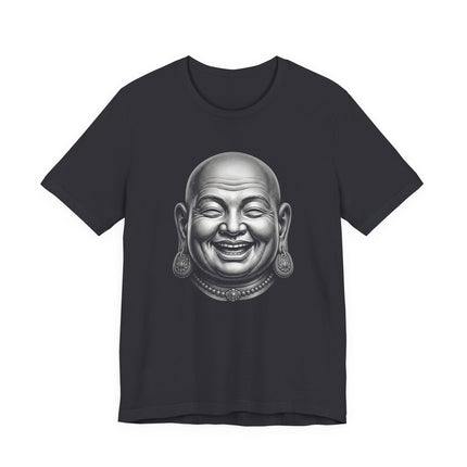 Laughing Buddha Zen graphic tee. Spiritual good fortune design on a black t-shirt.