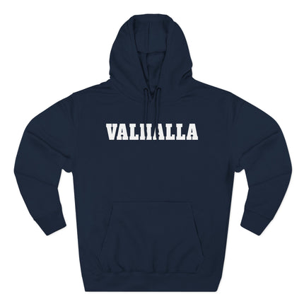 Navy hoodie featuring bold "VALHALLA" Norse text graphic print.