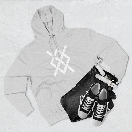 Norse runic symbol graphic hoodie featuring Odin's Gungnir design. Unisex Viking mythology streetwear apparel.