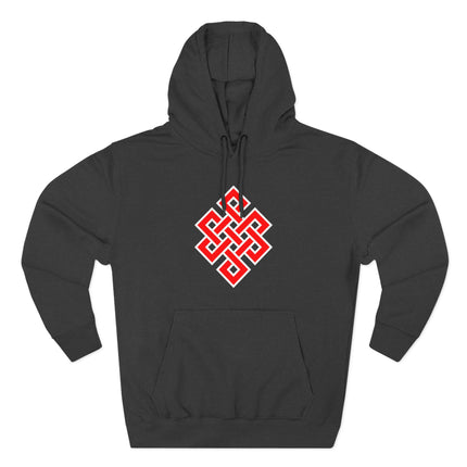 Red Endless Knot symbol graphic on a black unisex pullover hoodie.