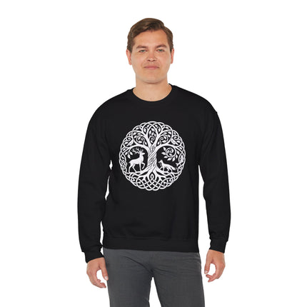 Celtic Tree of Life knotwork graphic featuring deer and fox animals on a black sweatshirt.