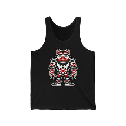 Formline art bear totem design on a black tank top, featuring Pacific Northwest indigenous style.