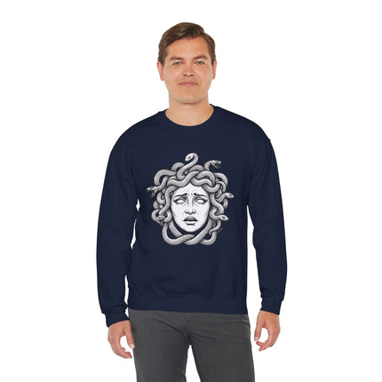 Medusa Gorgon head graphic with snakes, printed on a dark pullover sweatshirt.