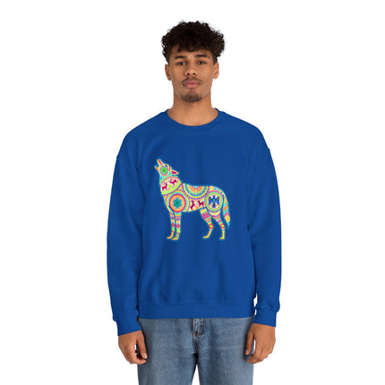 Colorful Huichol art wolf graphic on blue sweatshirt, featuring Mexican folk art and geometric patterns.