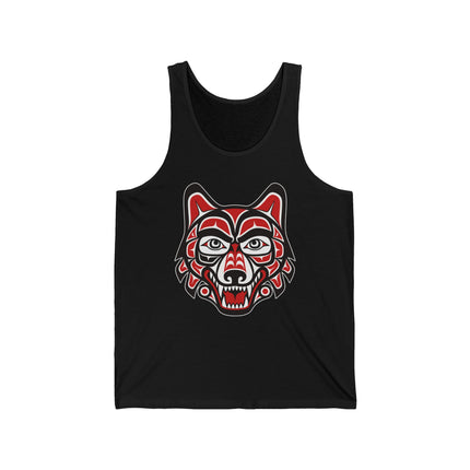 Pacific Northwest formline wolf head art on a black tank top.