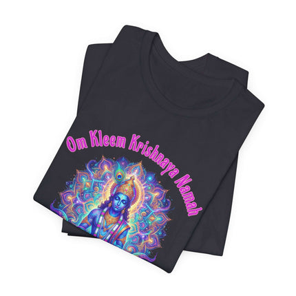 Vibrant Krishna mandala t-shirt featuring the Om Kleem Krishnaya Namah mantra art.