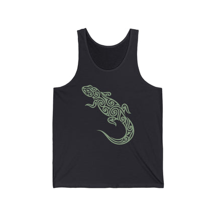 Tribal swirl lizard graphic art design on a black tank top.