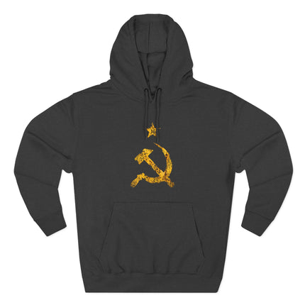 Distressed yellow Hammer and Sickle symbol on a black communist hoodie.