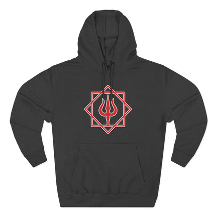 Black hoodie with red geometric Trishula symbol, representing Lord Shiva and Hindu spirituality.