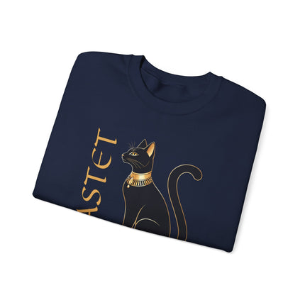 Bastet cat sweatshirt featuring an Egyptian Goddess graphic design and themed text pullover.