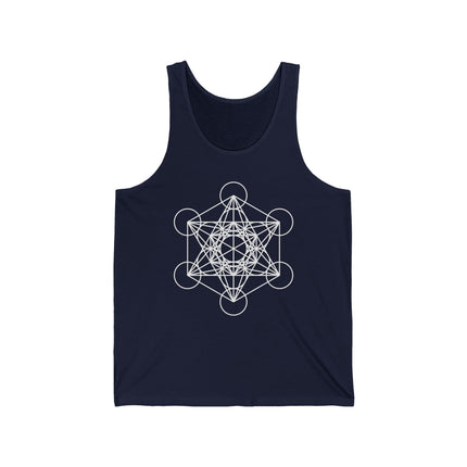 White Metatron's Cube sacred geometry design printed on a dark navy blue tank top.
