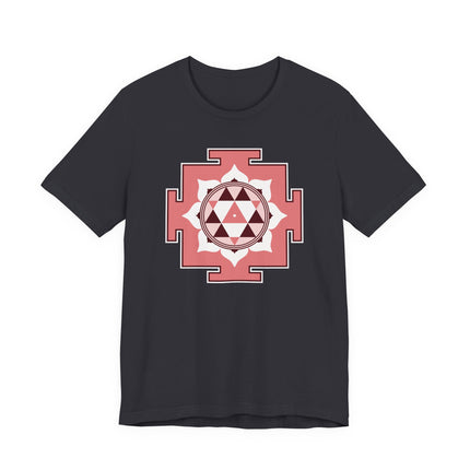 Hindu Durga Yantra sacred geometry symbol graphic tee on a black t-shirt.