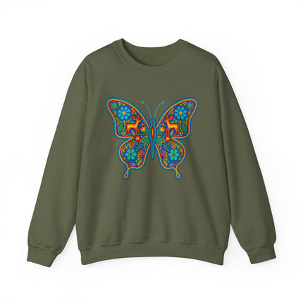 Vibrant Huichol butterfly folk art graphic on an olive green sweatshirt.