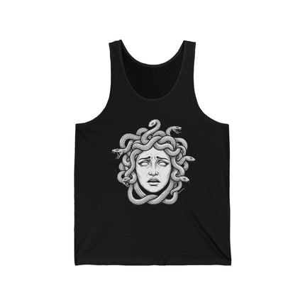Medusa head illustration: Greek mythology art featuring snakes for hair.
