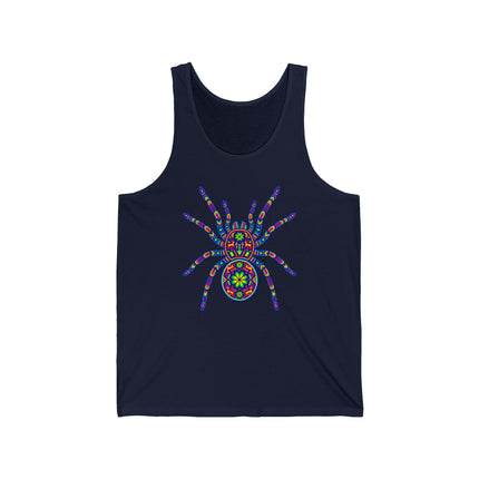 Vibrant Mexican folk art tarantula mandala print on a dark blue tank top.