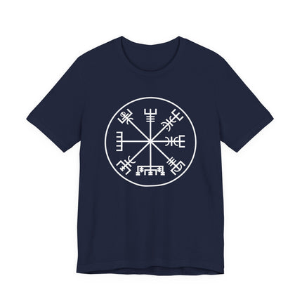 Vegvisir rune compass symbol on a navy blue Viking graphic t-shirt.