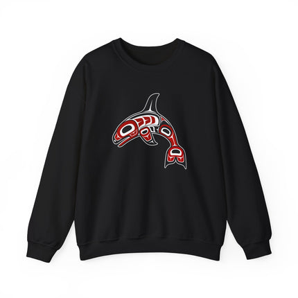 Indigenous orca whale formline art sweatshirt featuring Pacific Northwest cultural design.