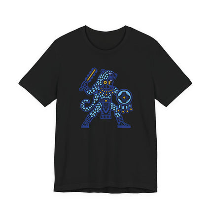 Aztec Jaguar Warrior T-Shirt | Blue and Gold Mesoamerican Graphic Tee