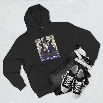 Norse mythology hoodie featuring Odin, the Allfather, with ravens and runes.
