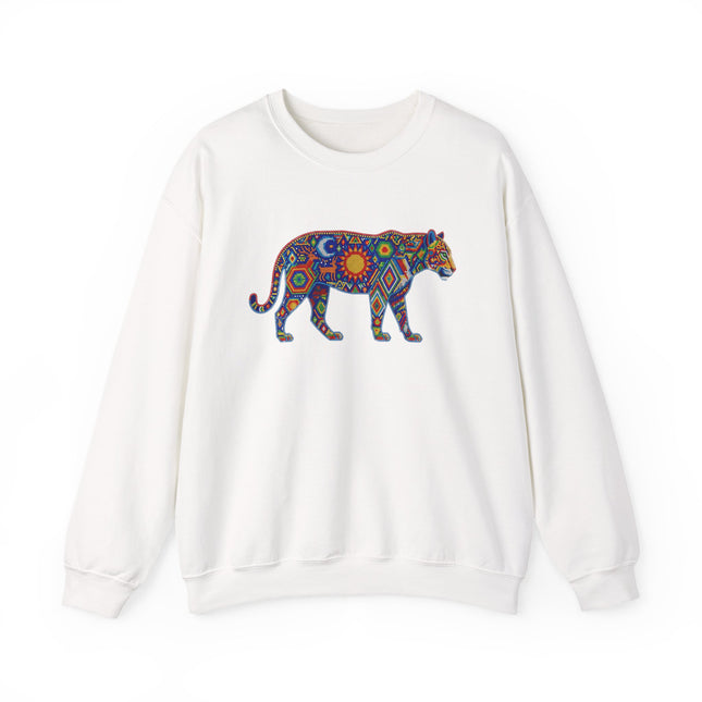 Huichol tribal jaguar art graphic on a white sweatshirt, featuring colorful geometric patterns.
