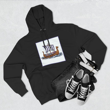 Viking longship graphic design featuring striped sails and shields, perfect for Norse mythology fans.