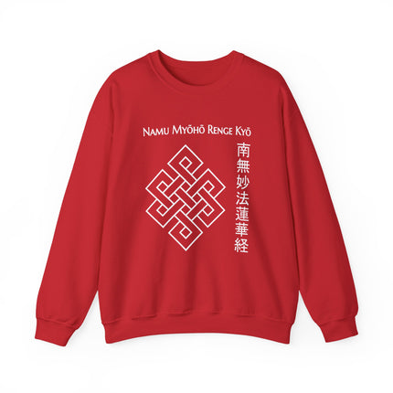 Red sweatshirt featuring the Namu Myōhō Renge Kyō mantra, Japanese kanji, and an endless knot symbol.