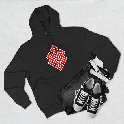 Red Endless Knot symbol graphic on black pullover hoodie.