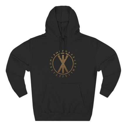 Black pullover hoodie with gold Norse runes and bind rune graphic print.