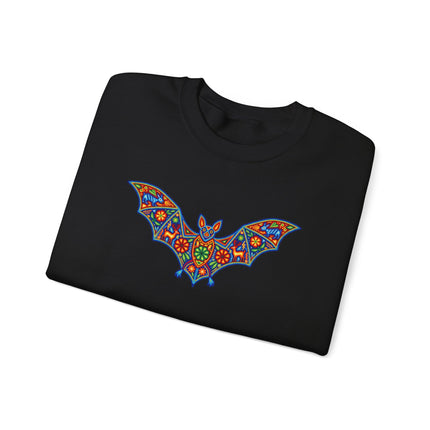 Mexican Huichol art bat design on a vibrant animal pullover sweatshirt.
