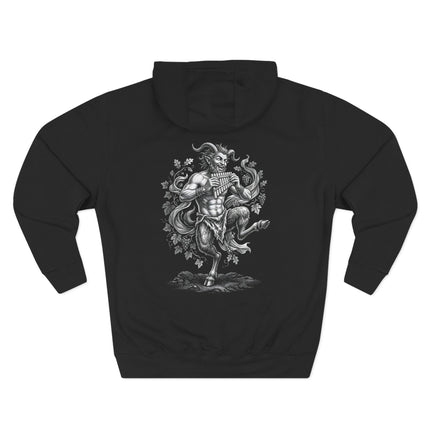 Mythological satyr playing a pan flute, detailed black and white illustration print.