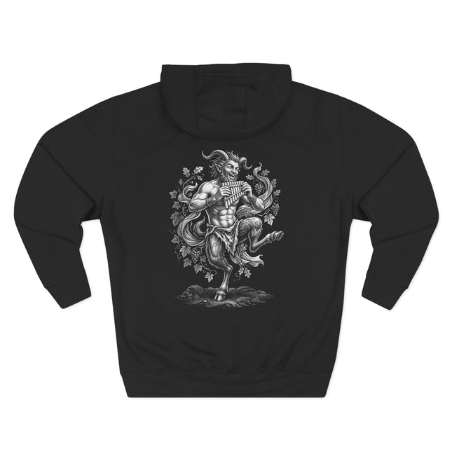Mythological satyr playing a pan flute, detailed black and white illustration print.
