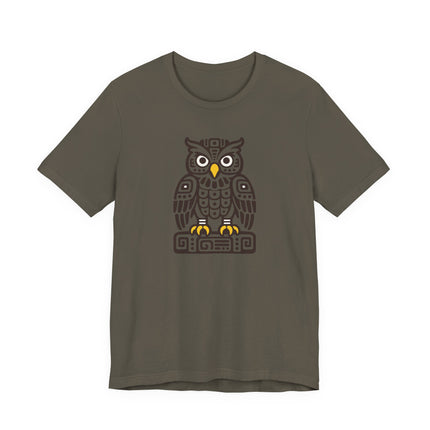 Mayan Owl T-Shirt | Rust Geometric Bird with Pale Circular Eyes Tee