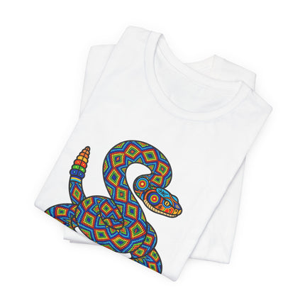 Vibrant geometric rattlesnake design inspired by Huichol Mexican folk art.