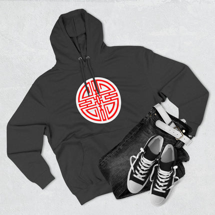 Black pullover hoodie with a red Chinese Cai symbol graphic for prosperity and good luck.