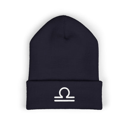 Libra Symbol Embroidered Cuffed Beanie with White Scales Zodiac Glyph