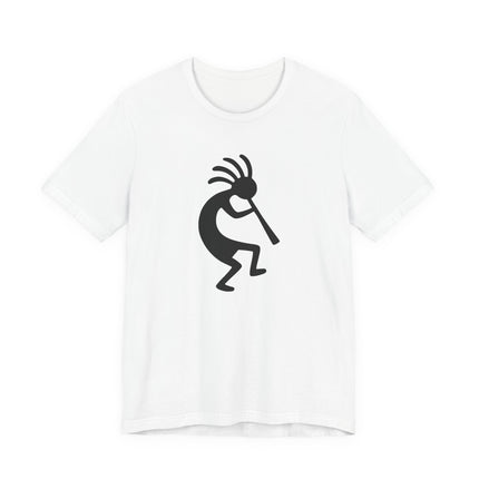 Kokopelli flute player silhouette graphic design on a white t-shirt.