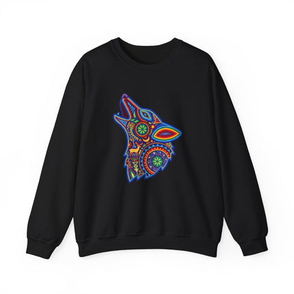 Colorful Huichol tribal art wolf graphic on a black sweatshirt.