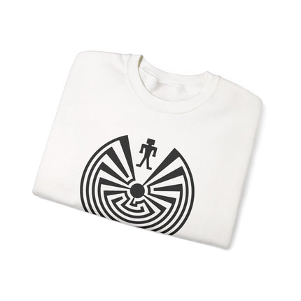 Man in a labyrinth maze graphic printed on an I'itoi Native American style unisex pullover sweatshirt.