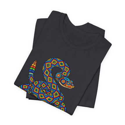 Vibrant rattlesnake graphic featuring Huichol Mexican folk art geometric pattern on a black tee.