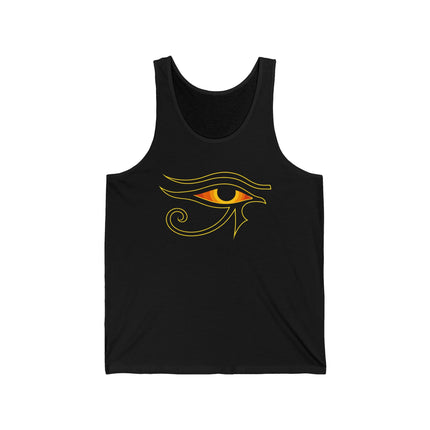 Black tank top featuring the Eye of Ra symbol, an ancient Egyptian mythology design in gold.