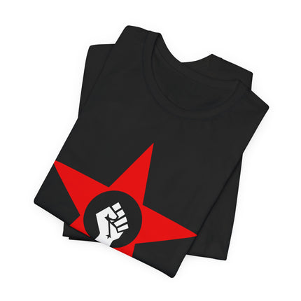 Red star and clenched fist graphic on a black socialist t-shirt.