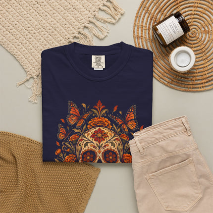 Skull with Marigolds and Butterflies T-Shirt | Floral Calavera Art