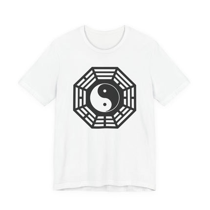 Geometric Yin Yang and Bagua symbol graphic tee design, representing balance and harmony.