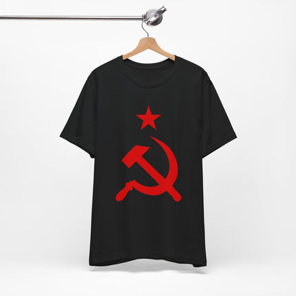 Black tee featuring the red communist hammer and sickle symbol and star graphic.